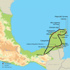 Routekaart Lagunes, mangroves & cenotes van Yucatán