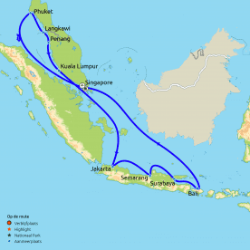 Routekaartje Rondreis & Cruise Singapore, Thailand, Maleisië en Indonesië (Westerdam)