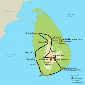 Routekaartje Hoogtepunten Sri Lanka nieuw