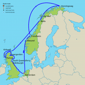 Routekaartje Cruise Noordkaap, Orkney eilanden en Schotland