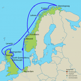 Routekaartje Cruise Noorse Fjorden, Noordkaap, Shetland eilanden en Schotland