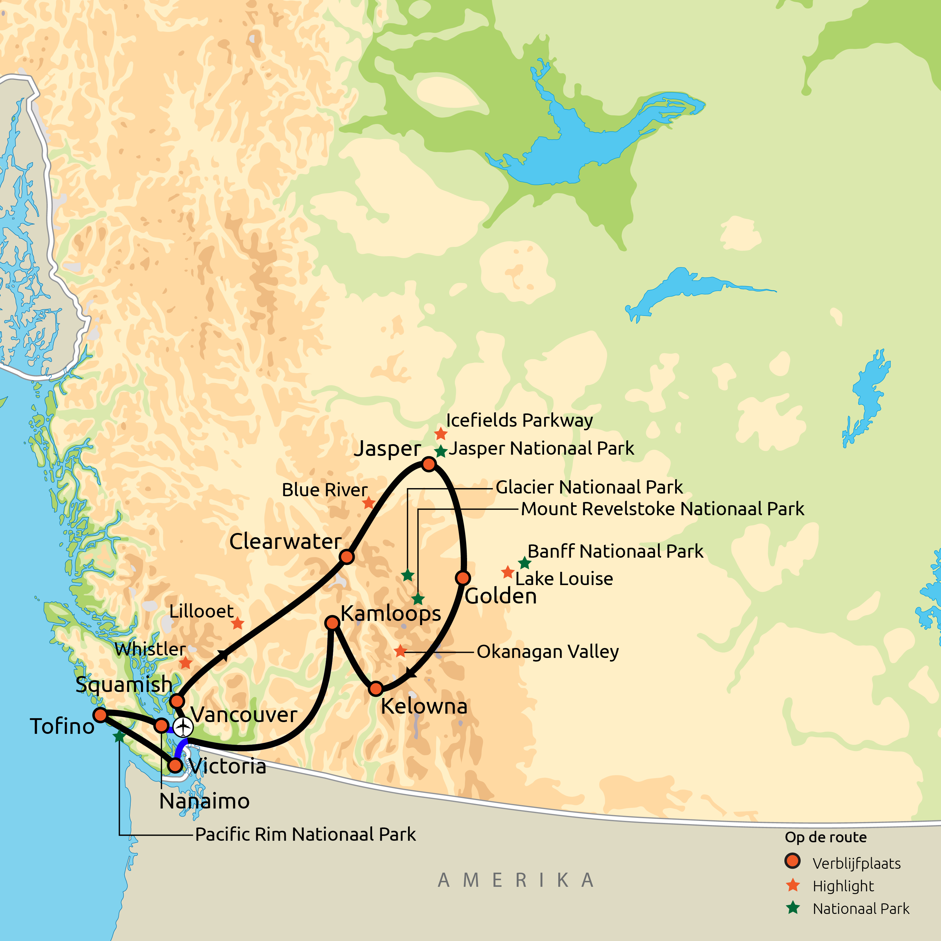 Routekaartje Groepsreis Relaxt door West-Canada