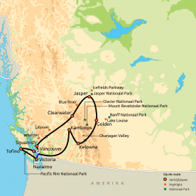 Routekaartje Groepsreis Relaxt door West-Canada