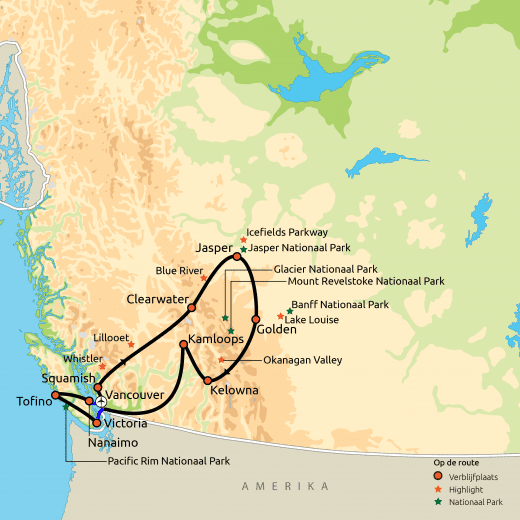 Routekaartje Groepsreis Relaxt door West-Canada
