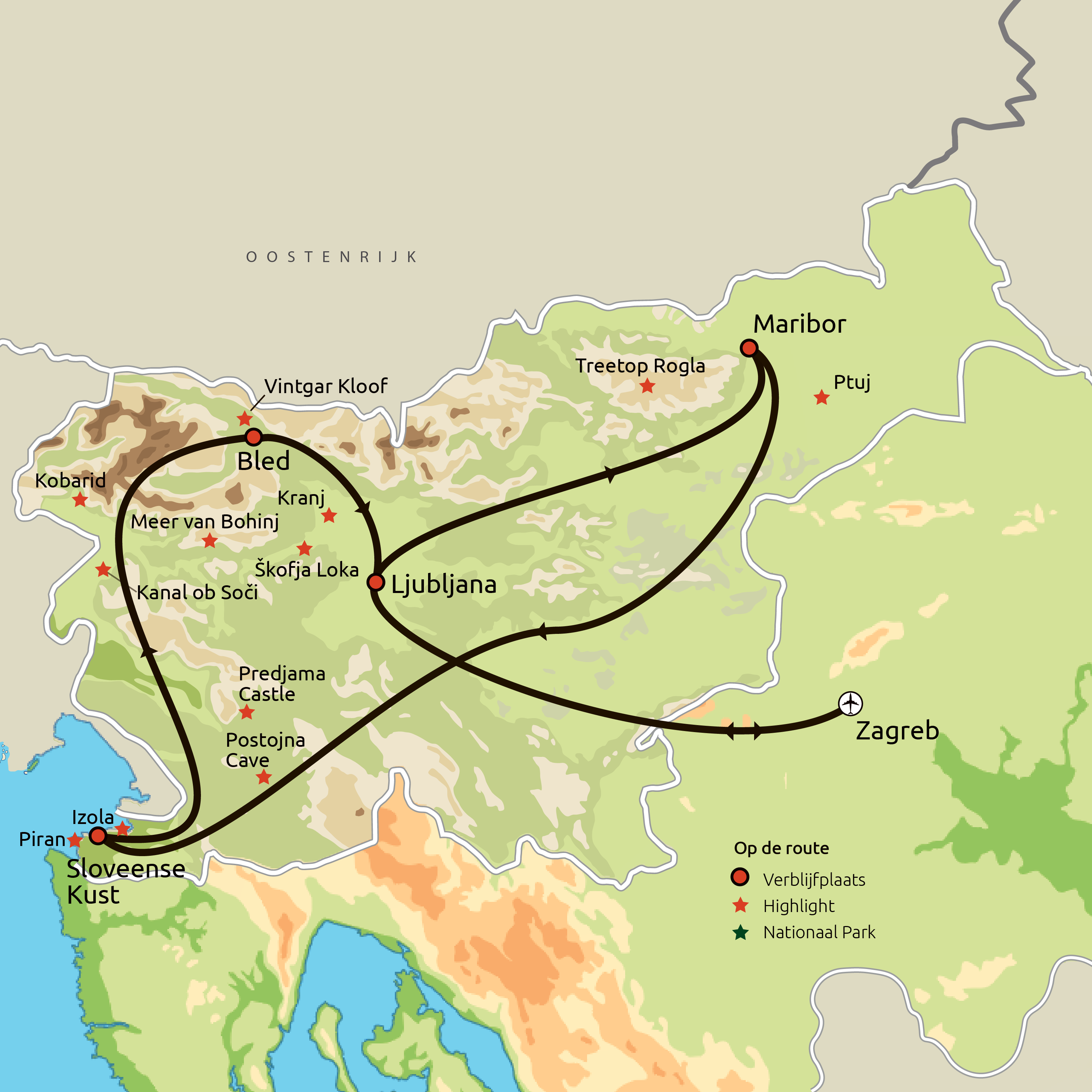 Routekaart Hoogtepunten van Slovenië