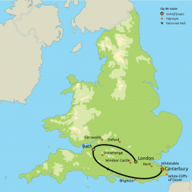 Routekaart Historisch Zuidoost Engeland (op basis van eigen vervoer)