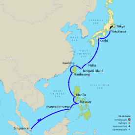 Routekaart Cruise Japan, Taiwan en de Filipijnen