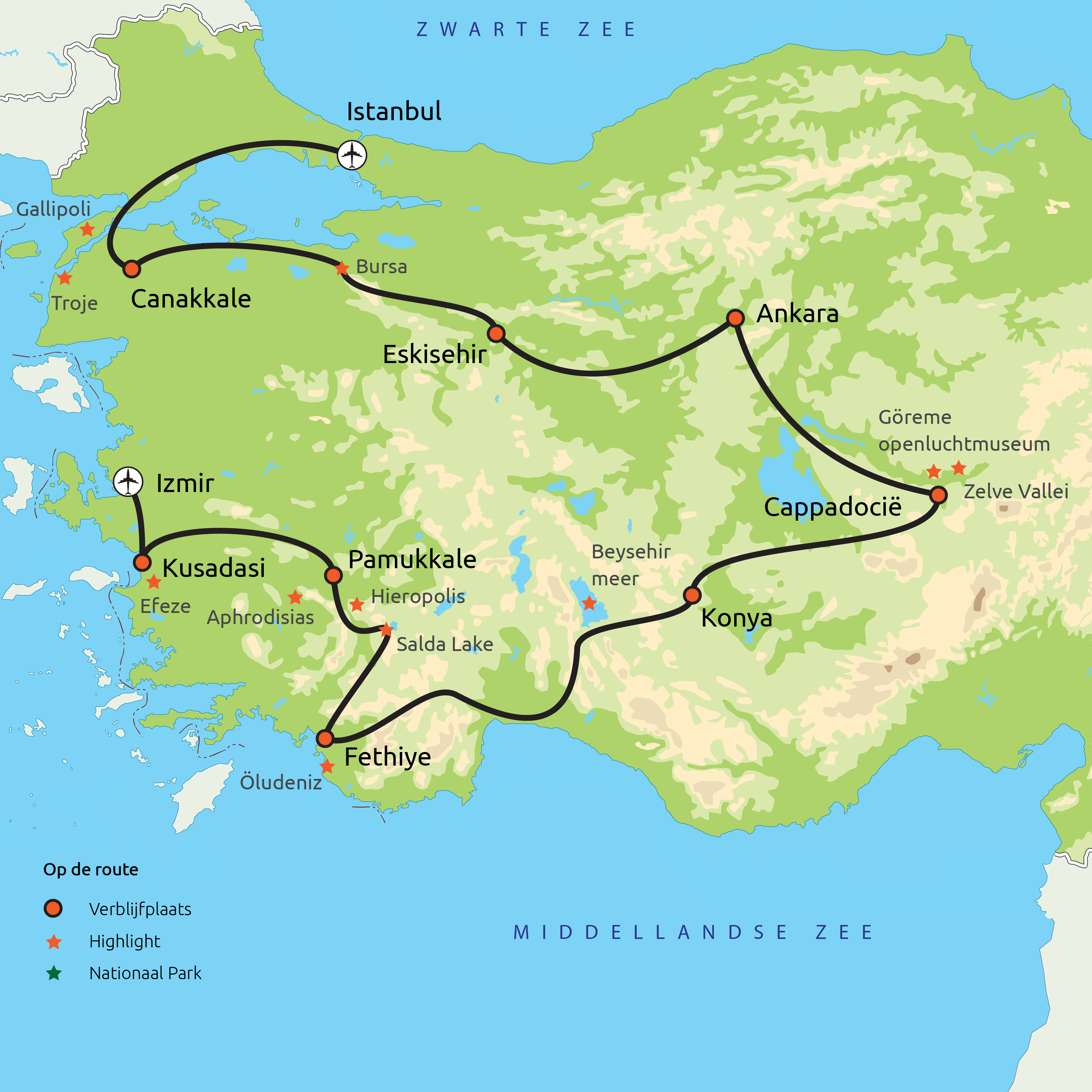 Routekaart Hoogtepunten van Turkije