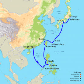 Routekaartje Rondreis & Cruise Filipijnen, Taiwan en Japan