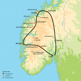 Routekaart Hoogtepunten van Zuid-Noorwegen