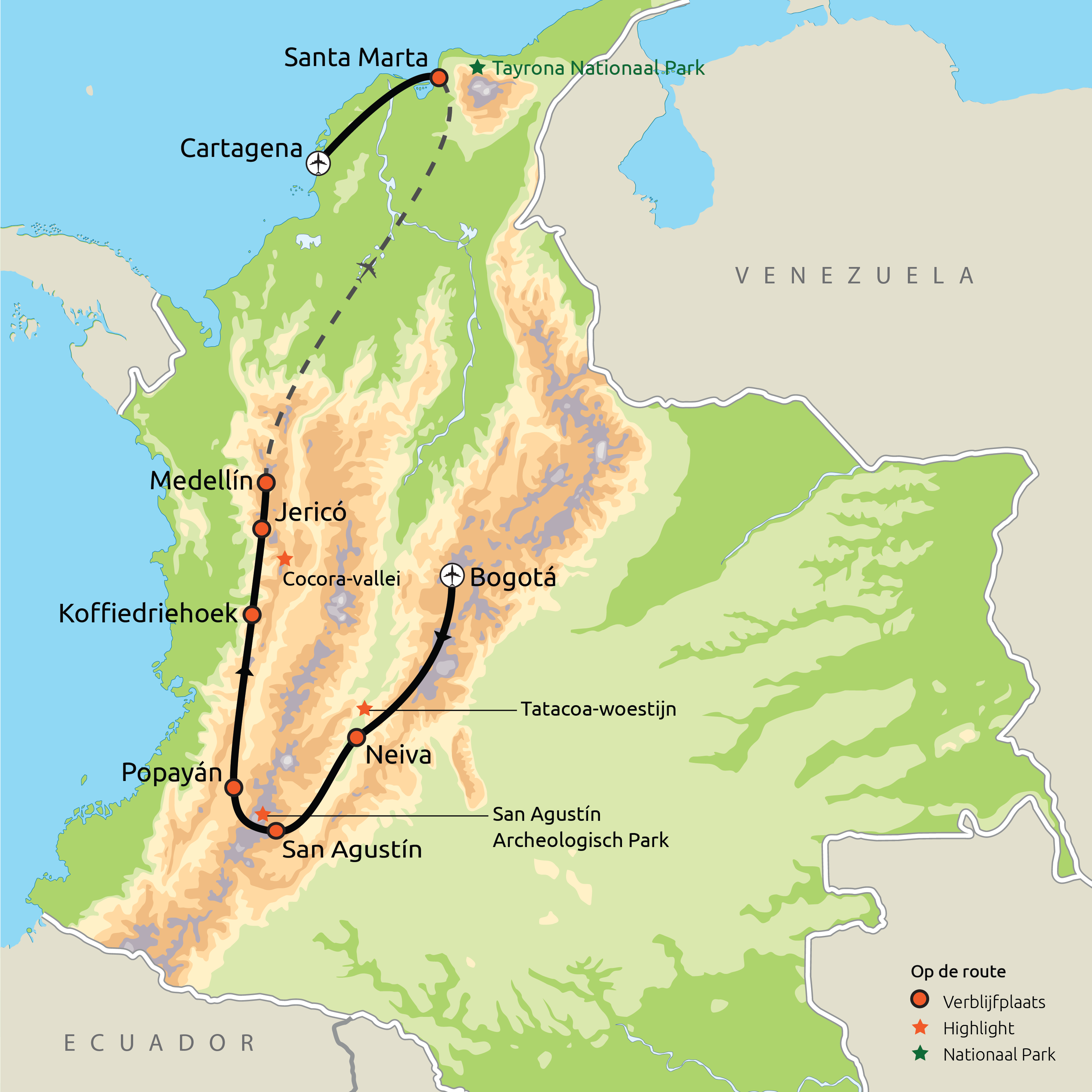 Routekaartje Hoogtepunten van Colombia