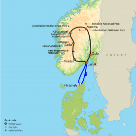 Routekaart Zuid-Noorwegen in vakantiewoningen