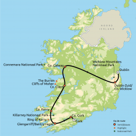 Ierland Hoogtepunten routekaartje fly drive