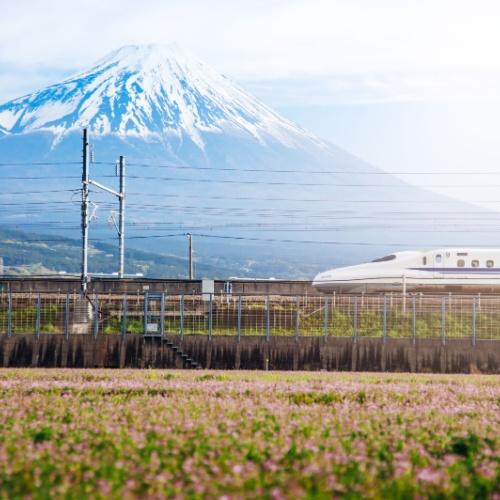 Een passerende trein met uitzicht op Mount Fuji