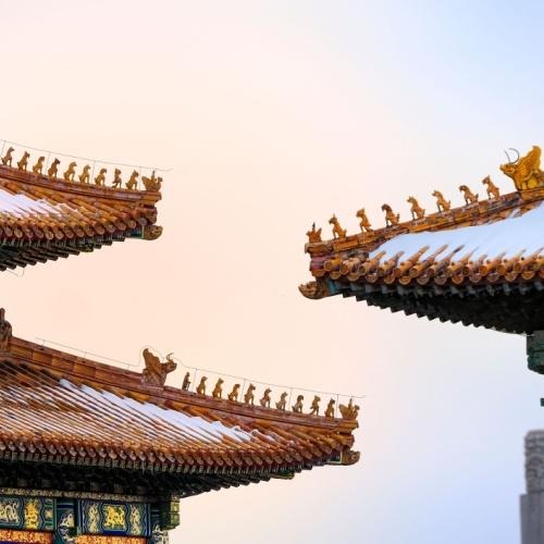 Besneeuwde daken van de Verboden Stad, Beijing, China in winter