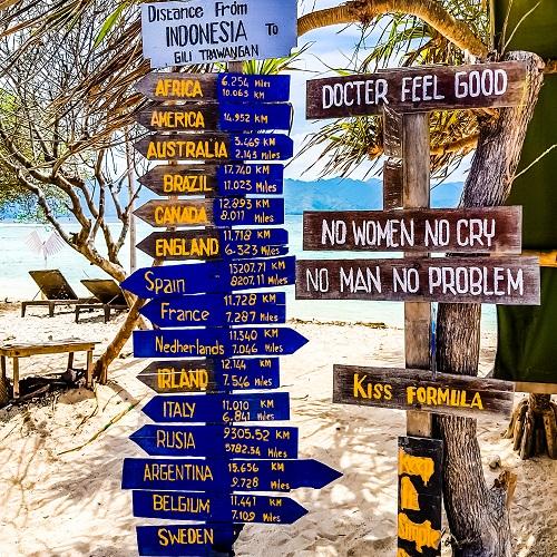 Wegwijzer op het strand van Gili eiland