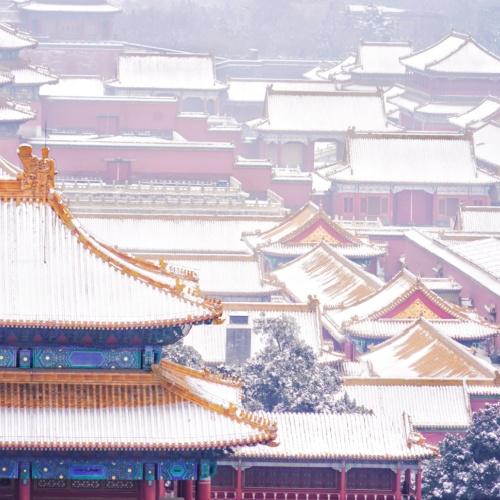 Beijing, besneeuwde daken, China