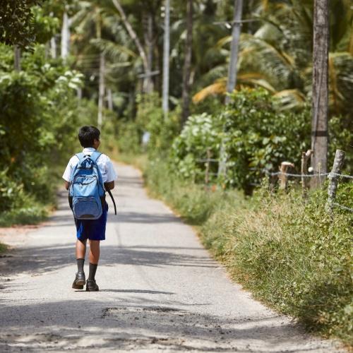 Jongen op weg naar school in Sri Lankaans dorp