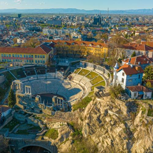 Uitzicht op het Romeinse Amfitheater van Plovdiv