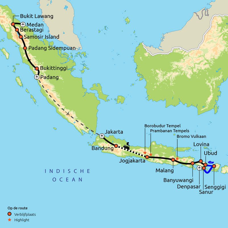 Routekaartje Relaxt door Sumatra, Java, Bali & Lombok 2027