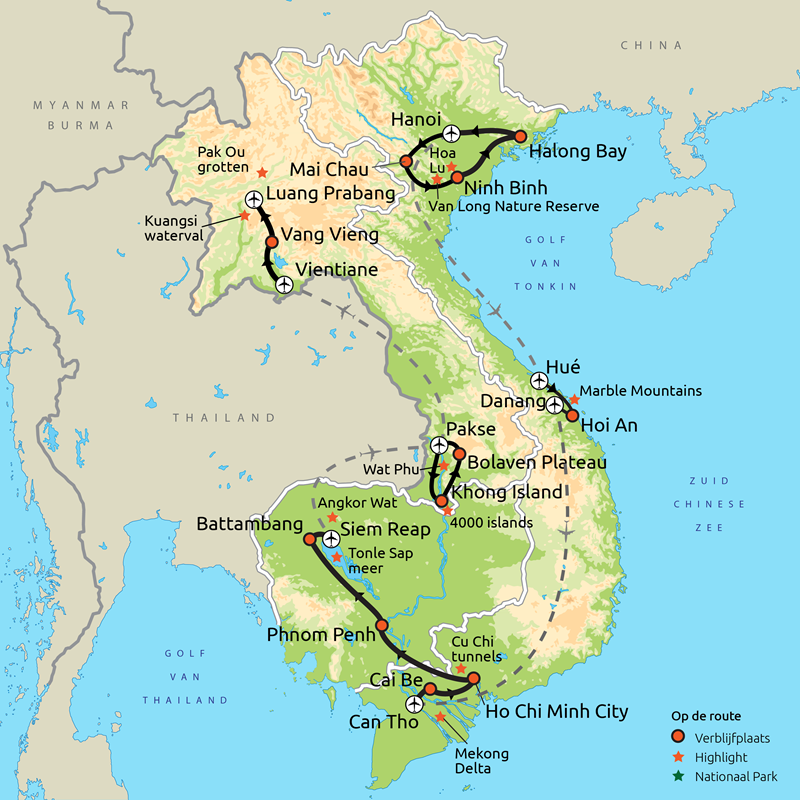 Routekaart Vietnam, Cambodja & Laos