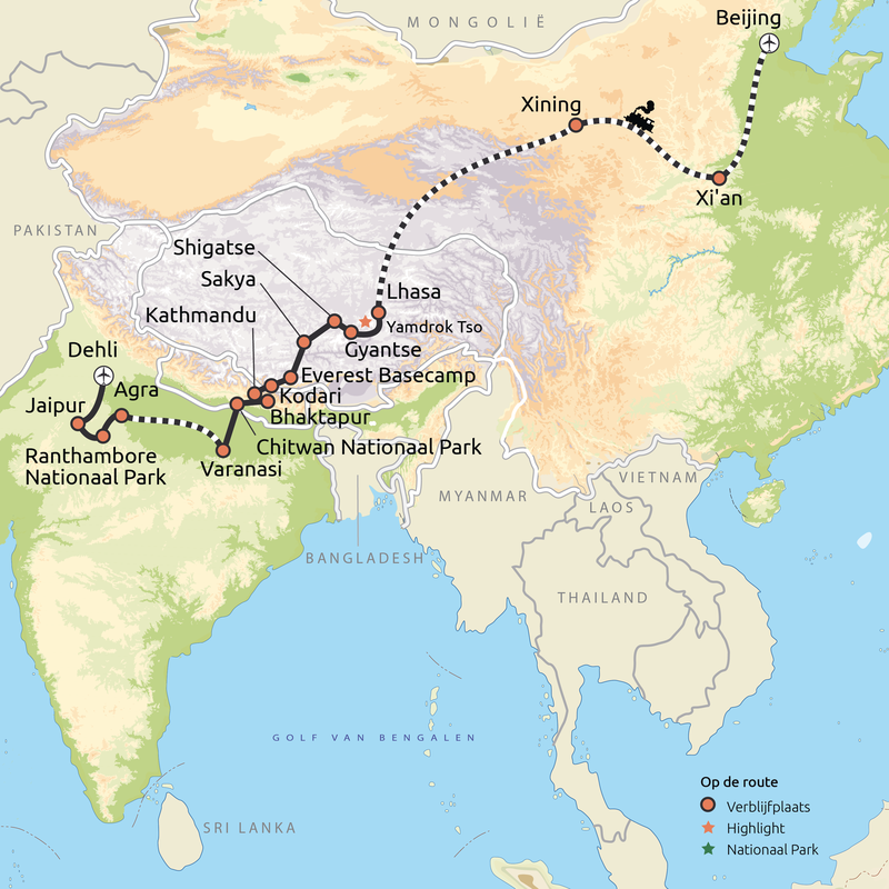 Routekaart groepsreis China, Tibet, Nepal & India