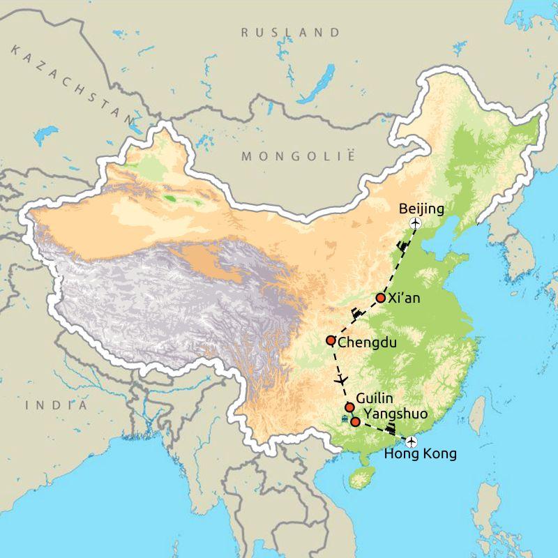 Routekaart China van Noord naar Zuid