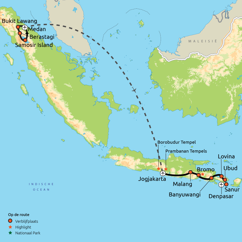 Routekaart Familiegroepsreis Sumatra, Java & Bali