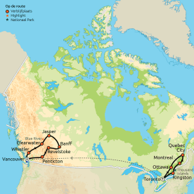 Routekaartje Canada van Oost naar West