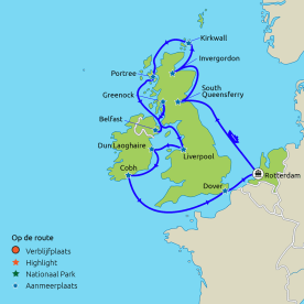 Routekaartje cruise Engeland, Ierland en Schotland vanaf Rotterdam