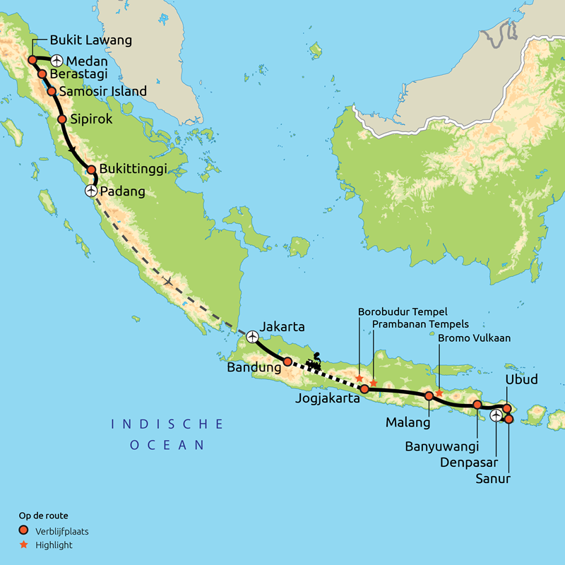 Routekaartje Relaxt door Sumatra, Java & Bali 2026