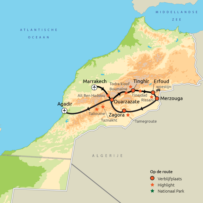 Routekaart Zuid Marokko
