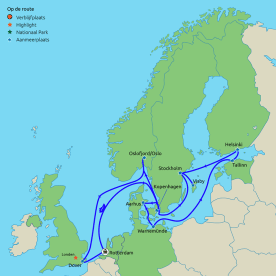 Routekaartje cruise Baltische en Scandinavische hoofdsteden