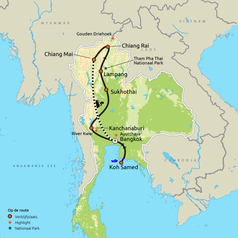 Routekaart Relaxt door Noord-Thailand