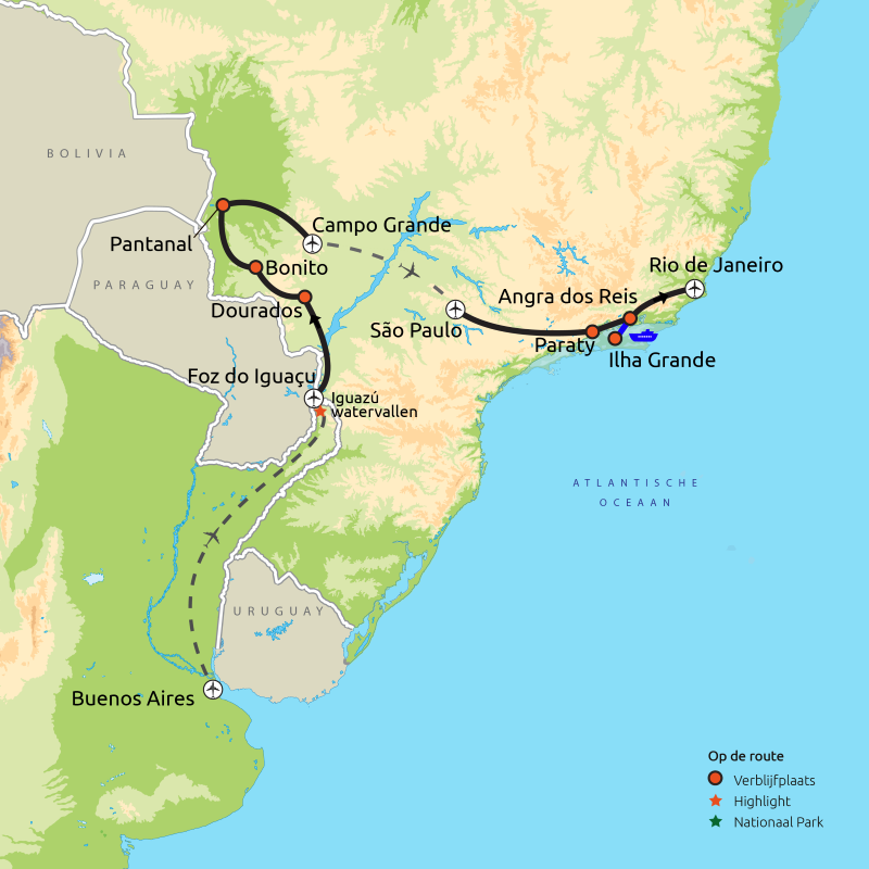 Routekaart Brazilië, Buenos Aires & Iguazú