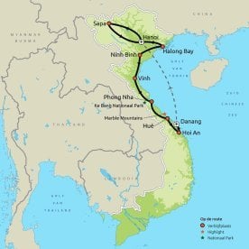 Routekaart Priv&eacute;reis Vele Gezichten van Noord-Vietnam
