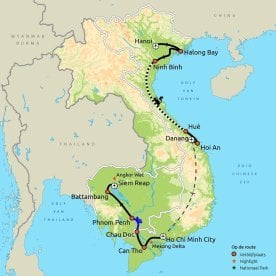 Routekaart priv&eacute;reis Vietnam & Cambodja