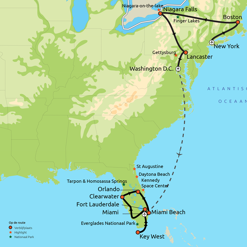 Routekaartje Het Beste van Oost-Amerika & Florida