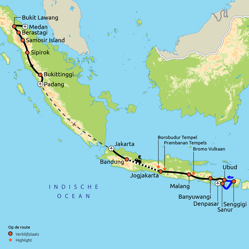 Routekaartje Relaxt door Sumatra, Java, Bali & Lombok 2026